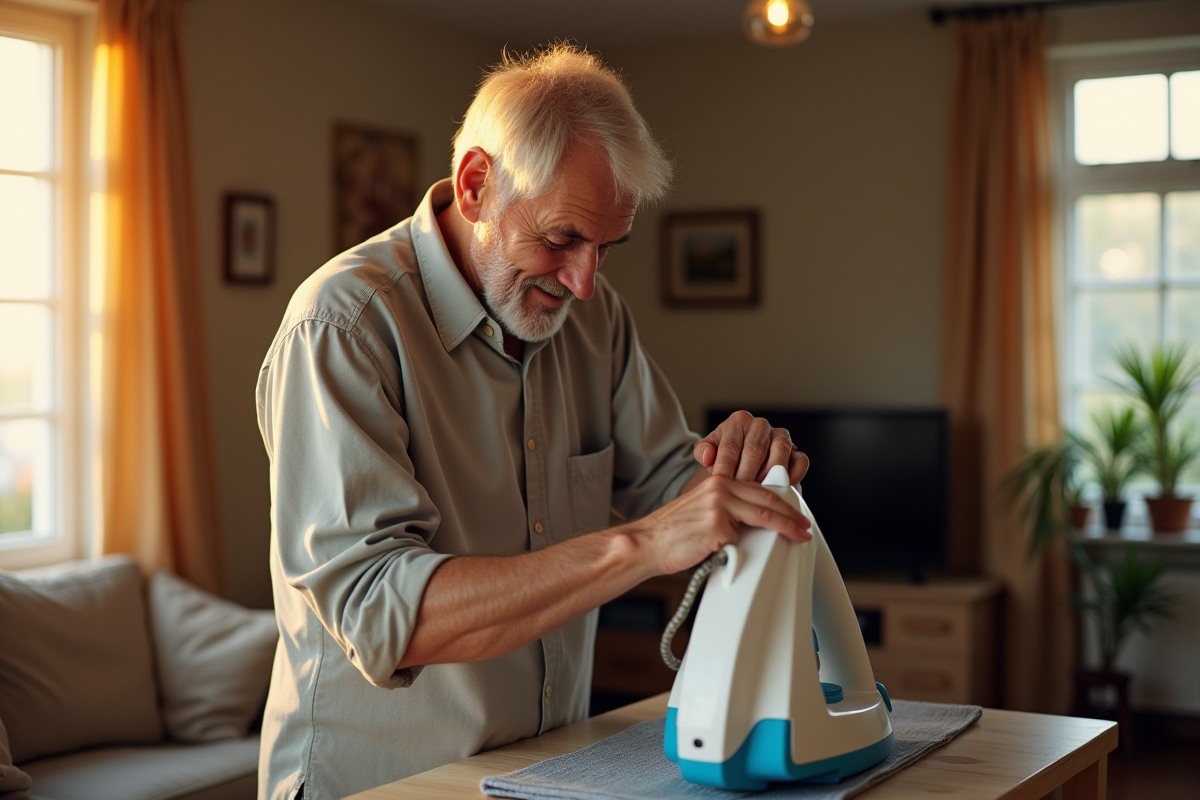 Homme âgé repassant à la maison avec douleur à l