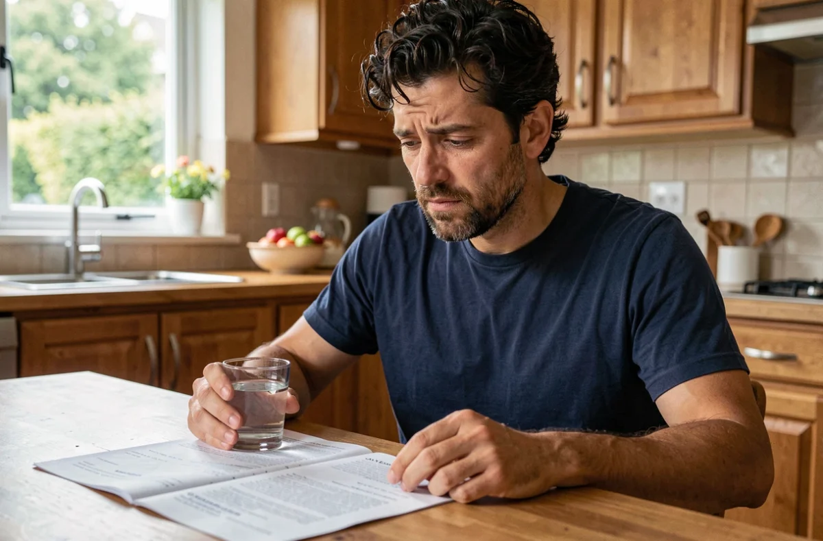 Homme consultant ses résultats d'analyse médicale à domicile, préoccupé par un taux de gamma glutamyl transférase élevé sans consommation d'alcool