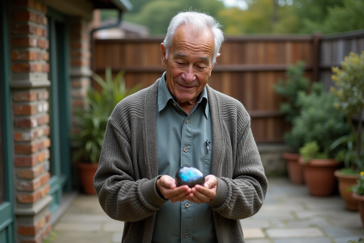 Homme âgé tenant une pierre de labradorite dans un jardin