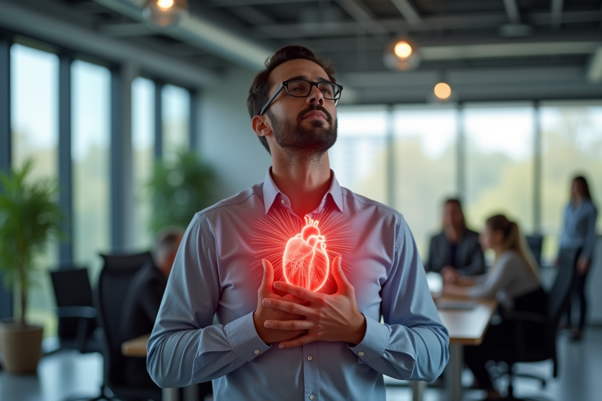 Homme en open space respirant avec superposition de coeur