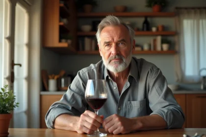 Homme d'âge mûr assis à une table en bois avec un verre de vin rouge, l'air préoccupé, illustrant les risques liés à la consommation d'alcool et un taux de ferritine élevé