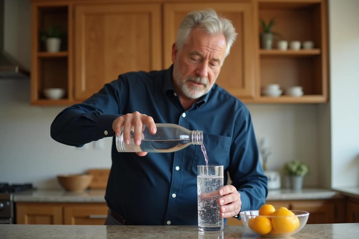 Homme versant de l'eau minérale Saint-Antonin dans un verre dans sa cuisine, geste quotidien pour soulager la constipation naturellement