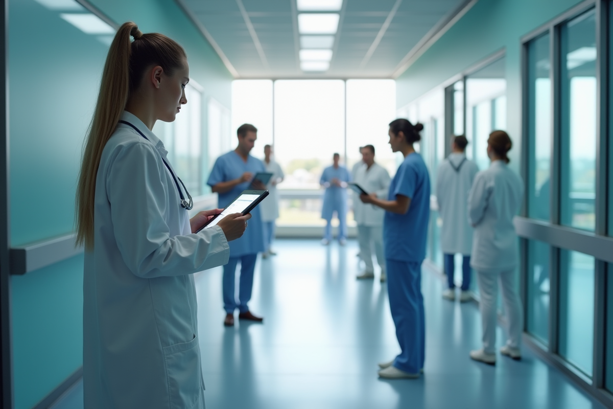 Couloir d'hôpital moderne avec médecins utilisant des tablettes