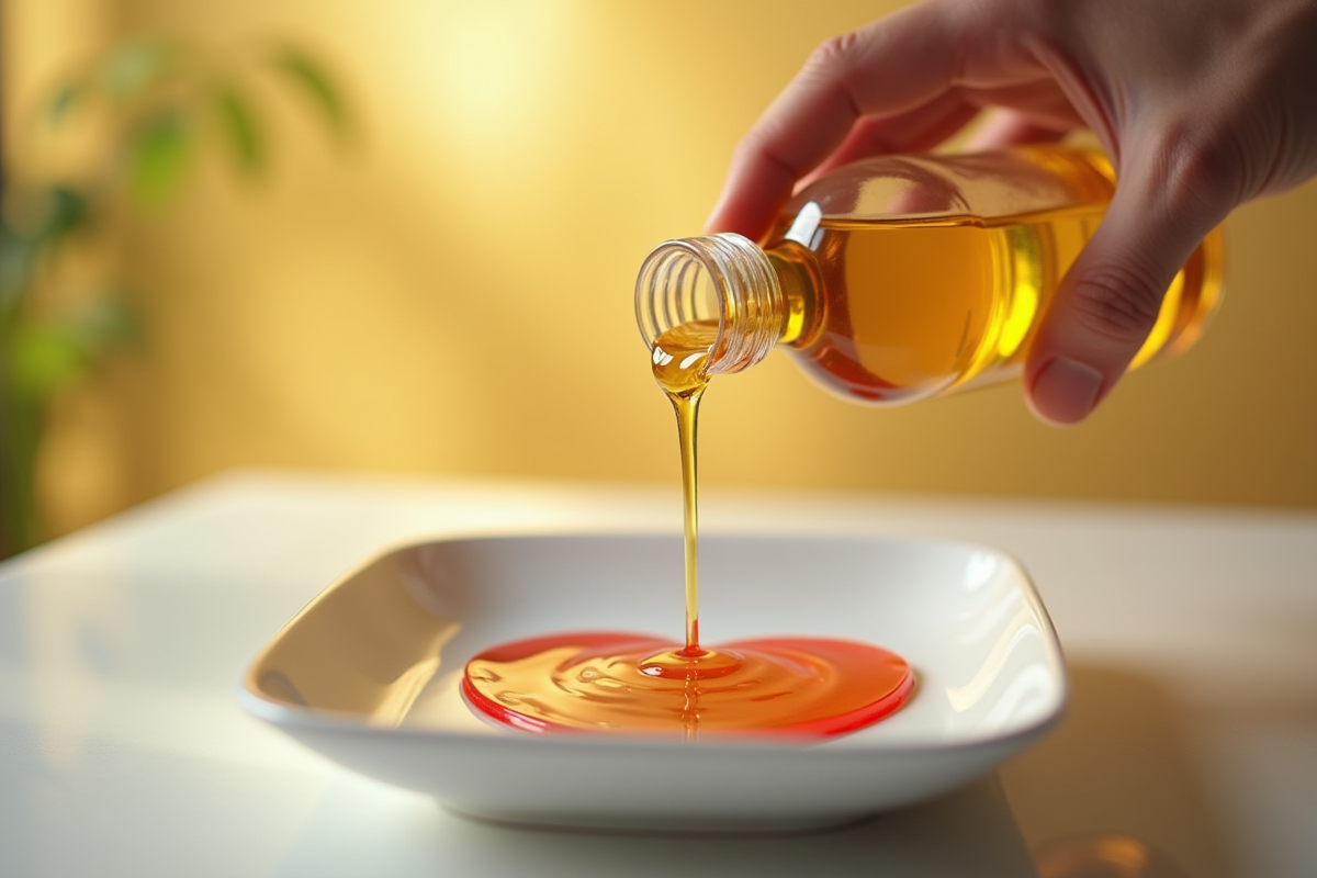 Main versant huile végétale industrielle sur une assiette en forme de coeur