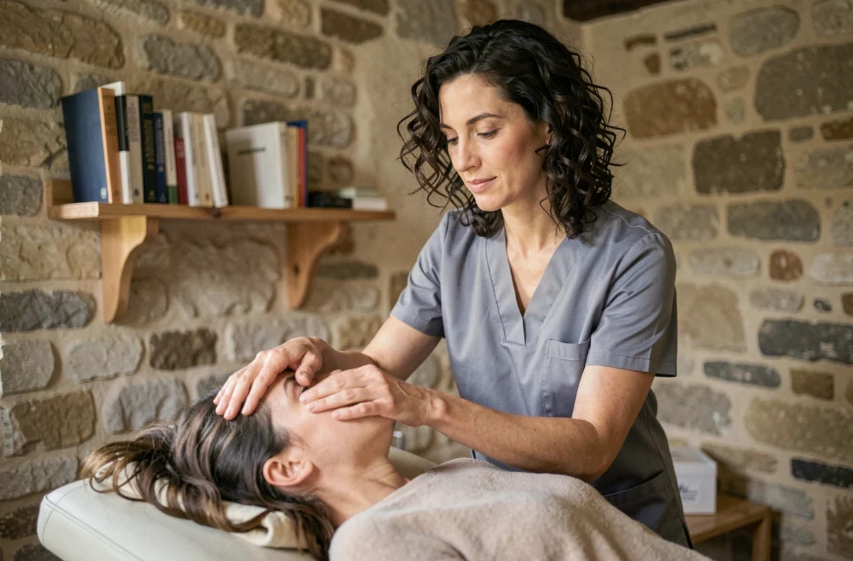Ilizia Bruniera, ostéopathe DO à Ventenac-Cabardès, pratiquant une technique crânienne sur un patient