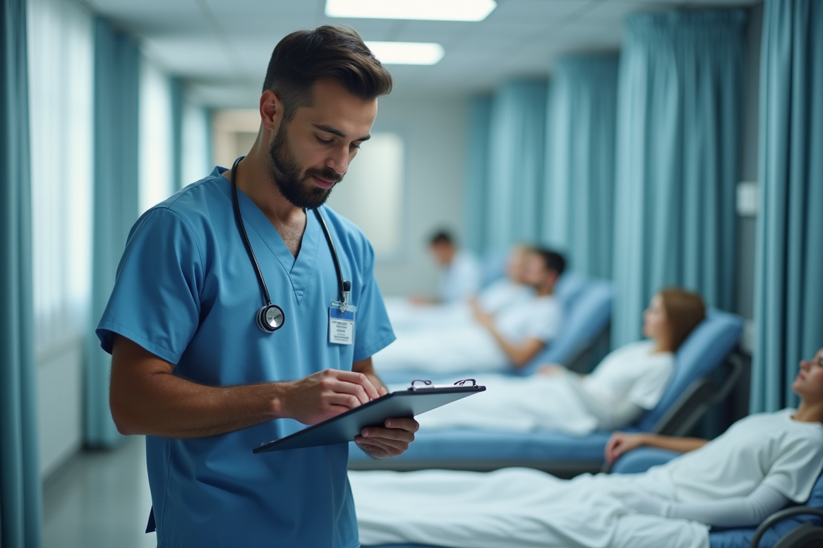 Infirmier en scrubs controlant un dossier au chevet du patient