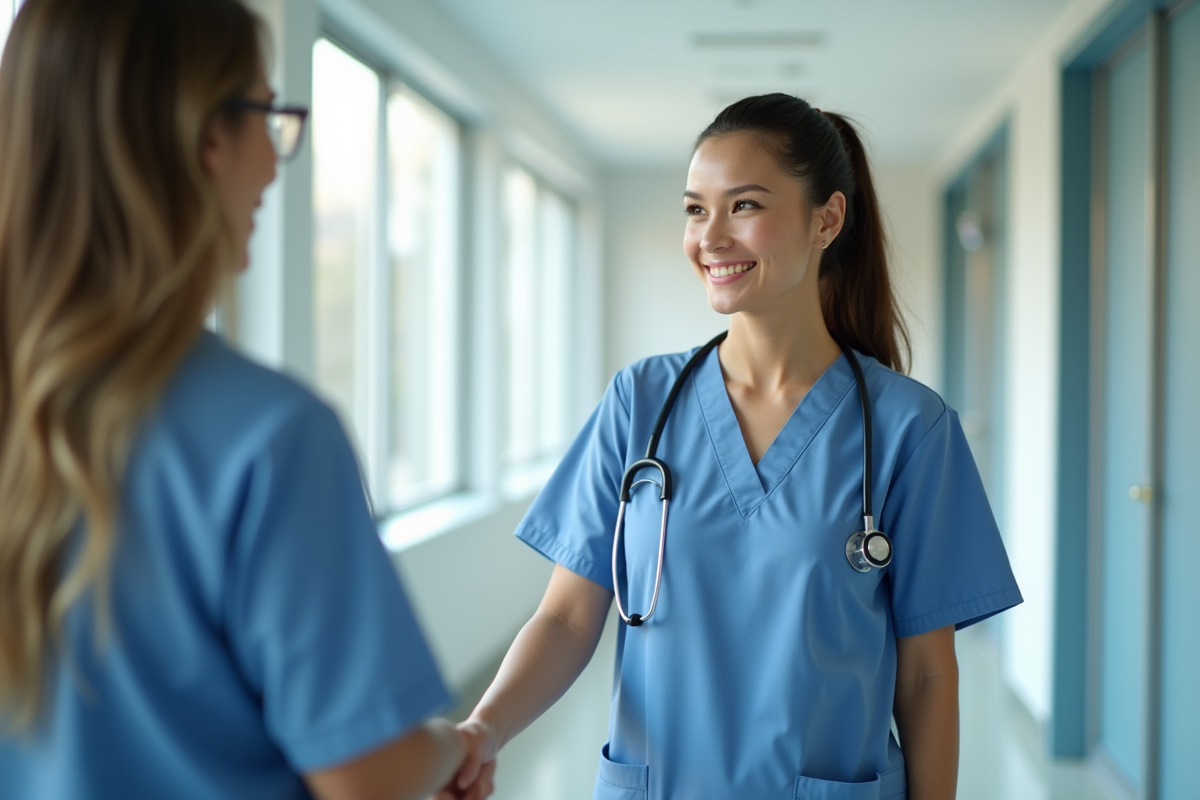 Infirmiere souriante dans un couloir d'hôpital moderne