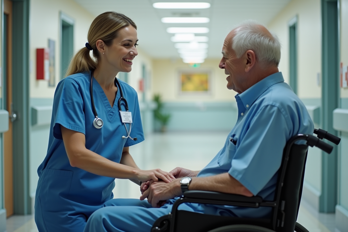 Infirmière en blouse bleue rassurant un patient âgé en fauteuil