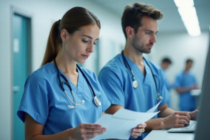 Infirmieres en scrubs bleus collaborant dans un hôpital moderne