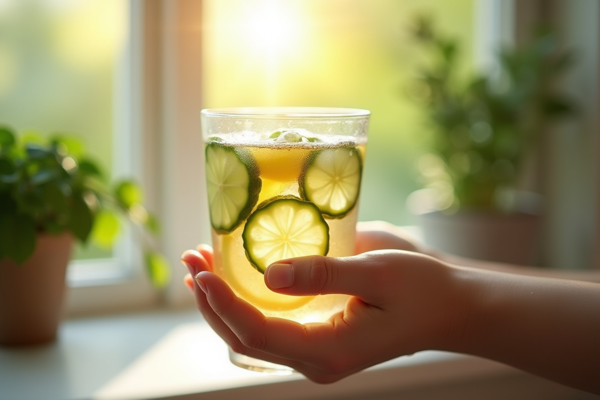 Geste de main tenant une infusion d eau citron et concombre