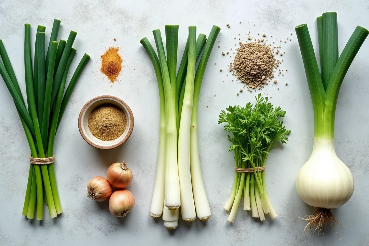 Sélection d'alternatives aromatiques sans oignon disposées en flat lay : ciboulette, ail des ours, fenouil, asafoetida et fenugrec séché