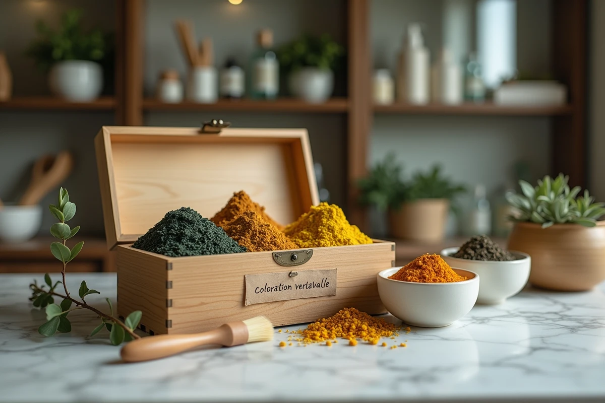 Ingrédients botaniques et poudres végétales pour coloration naturelle présentés sur un comptoir de salon