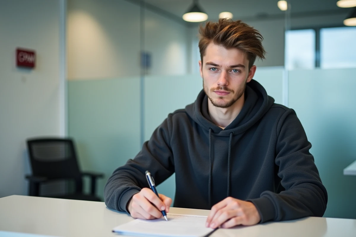 Jeune étudiant concentré remplissant un formulaire à un guichet moderne