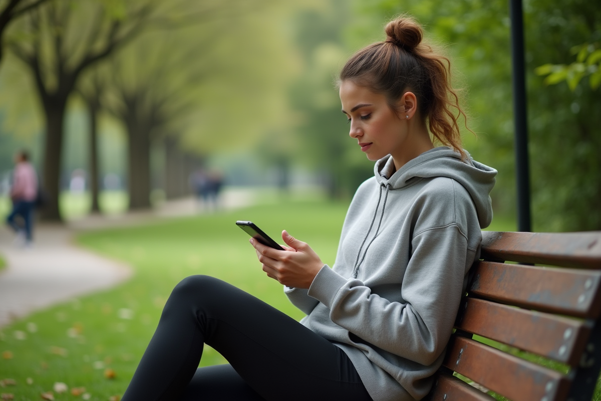 Jeune femme regardant un calculateur BMI dans un parc