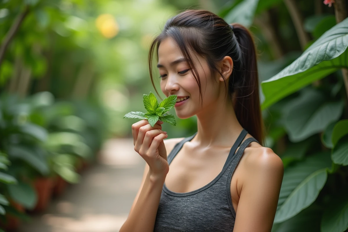 Jeune femme inhalant la menthe dans un jardin botanique
