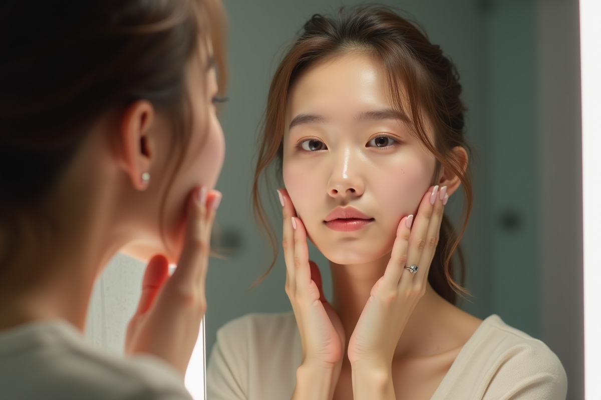 Jeune femme regardant son reflet dans le miroir avec douceur