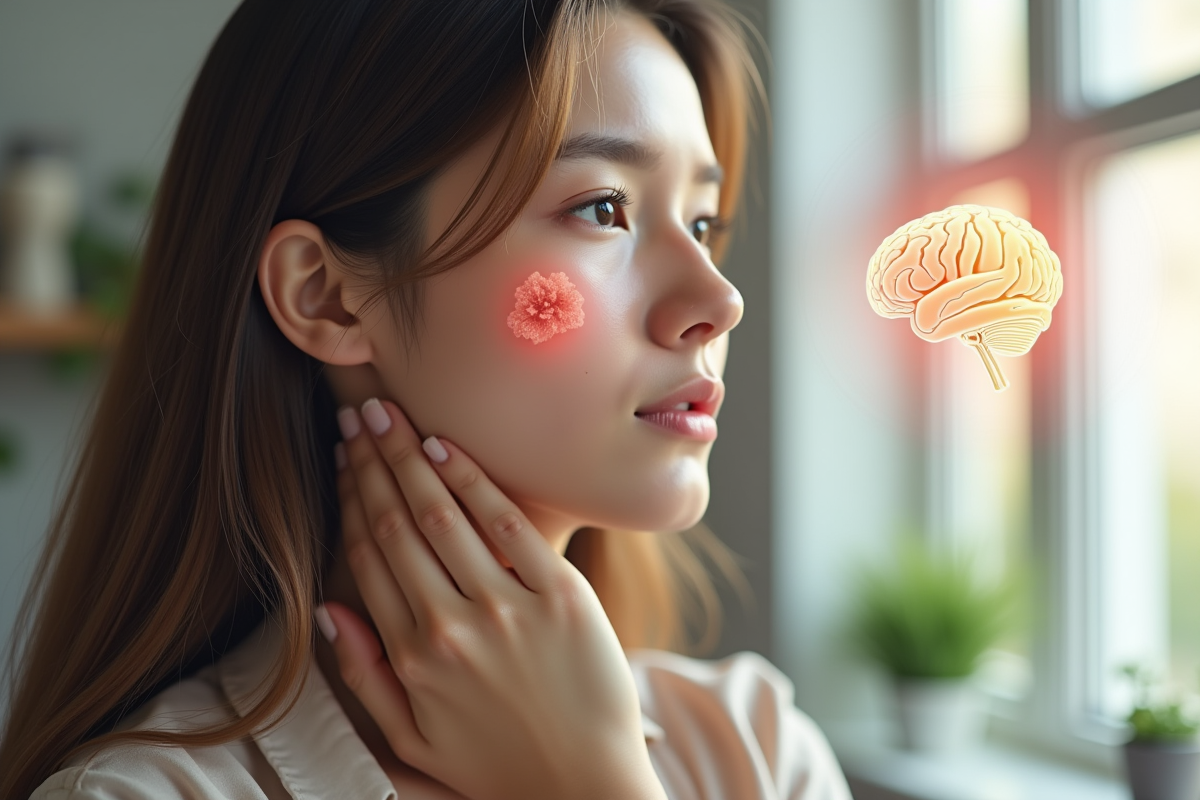 Jeune femme touchant son visage avec peau irritée et illustration cerveau