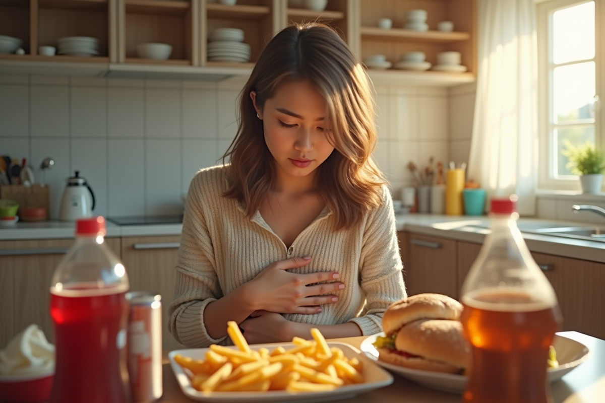 Jeune femme préoccupée par sa santé en mangeant des fast food