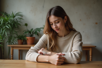 Jeune femme regardant son bras avec une cicatrice discrète