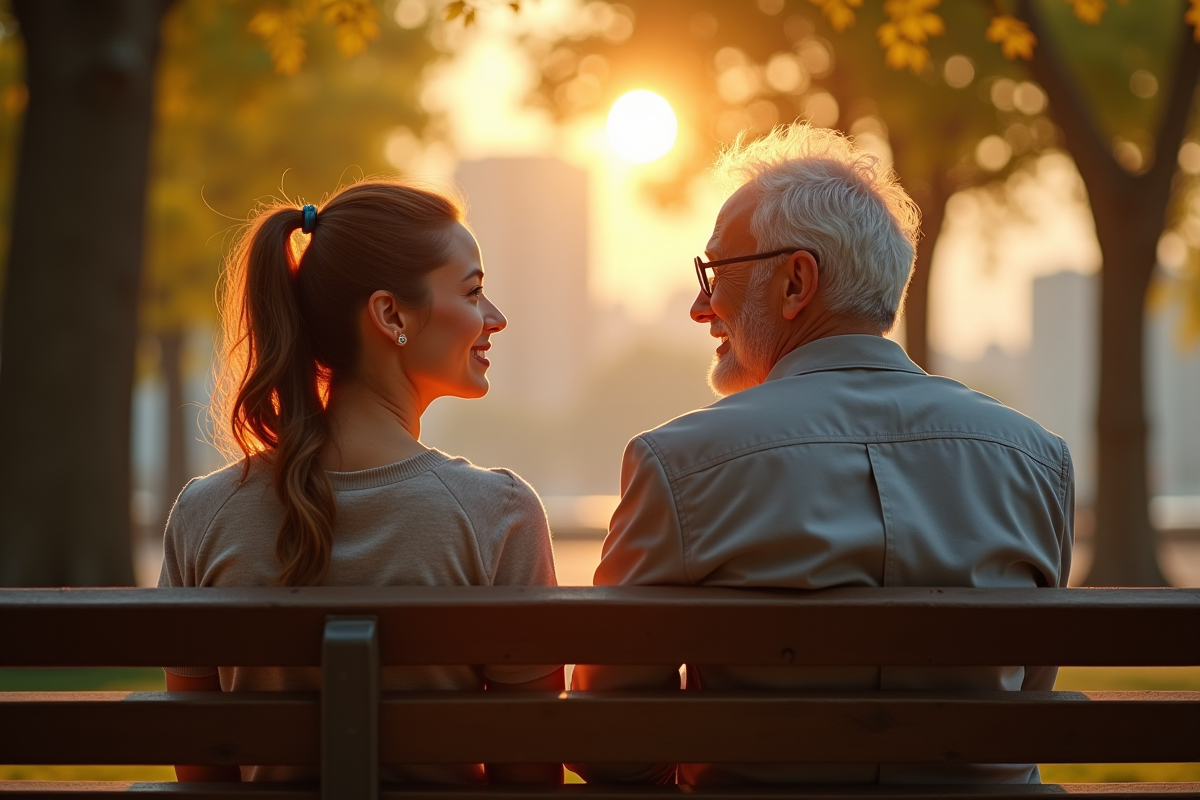 Jeune femme et homme âgé discutant sur un banc dans un parc ensoleille