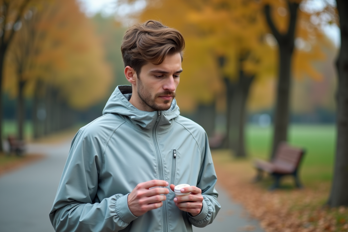 Jeune homme prenant une vitamine en jogging dans le parc