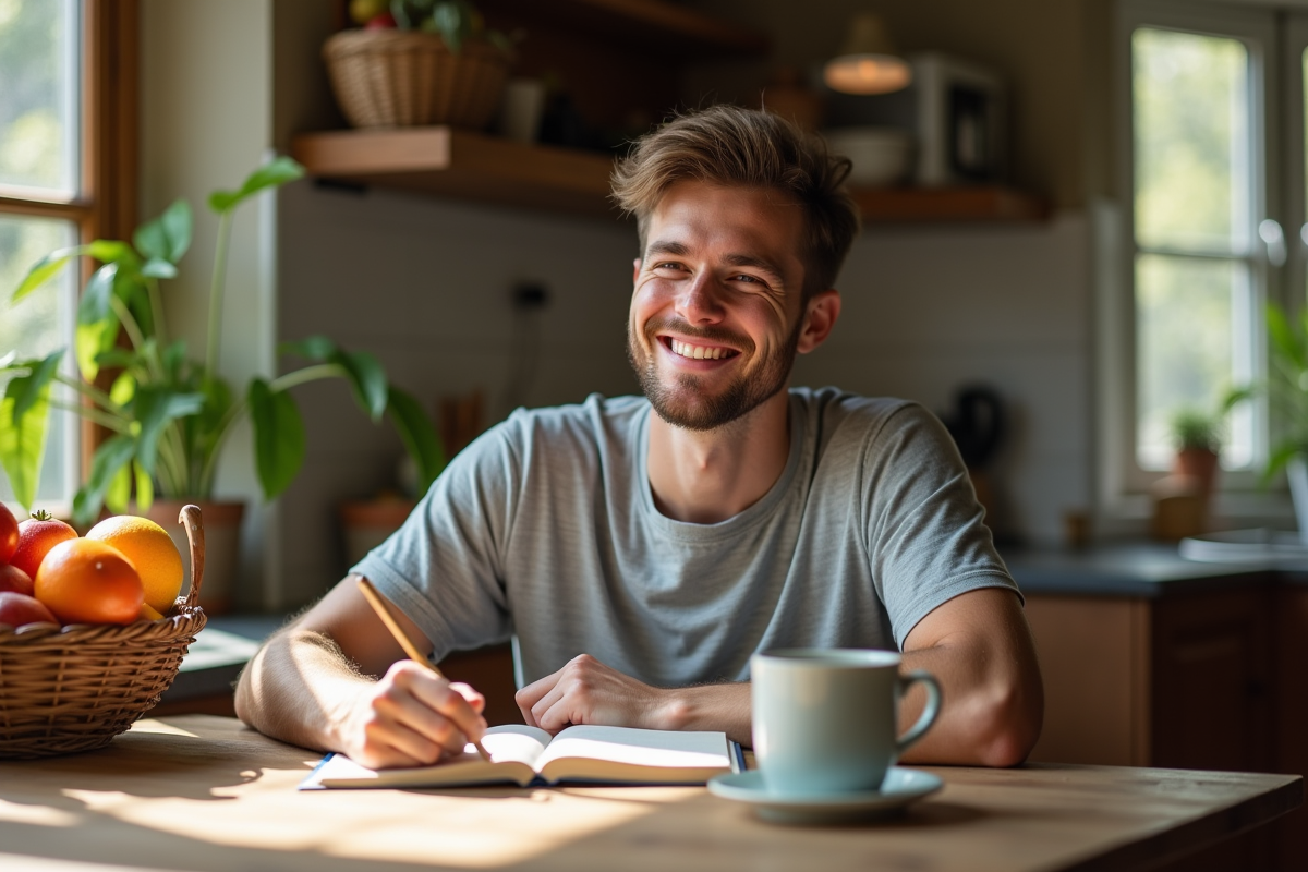 Jeune homme écrivant dans un journal en cuisine ensoleillée