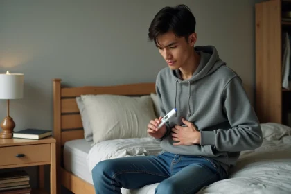 Jeune homme malade dans sa chambre avec thermometre