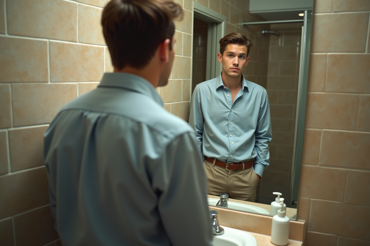 Jeune homme regardant son reflet dans le miroir
