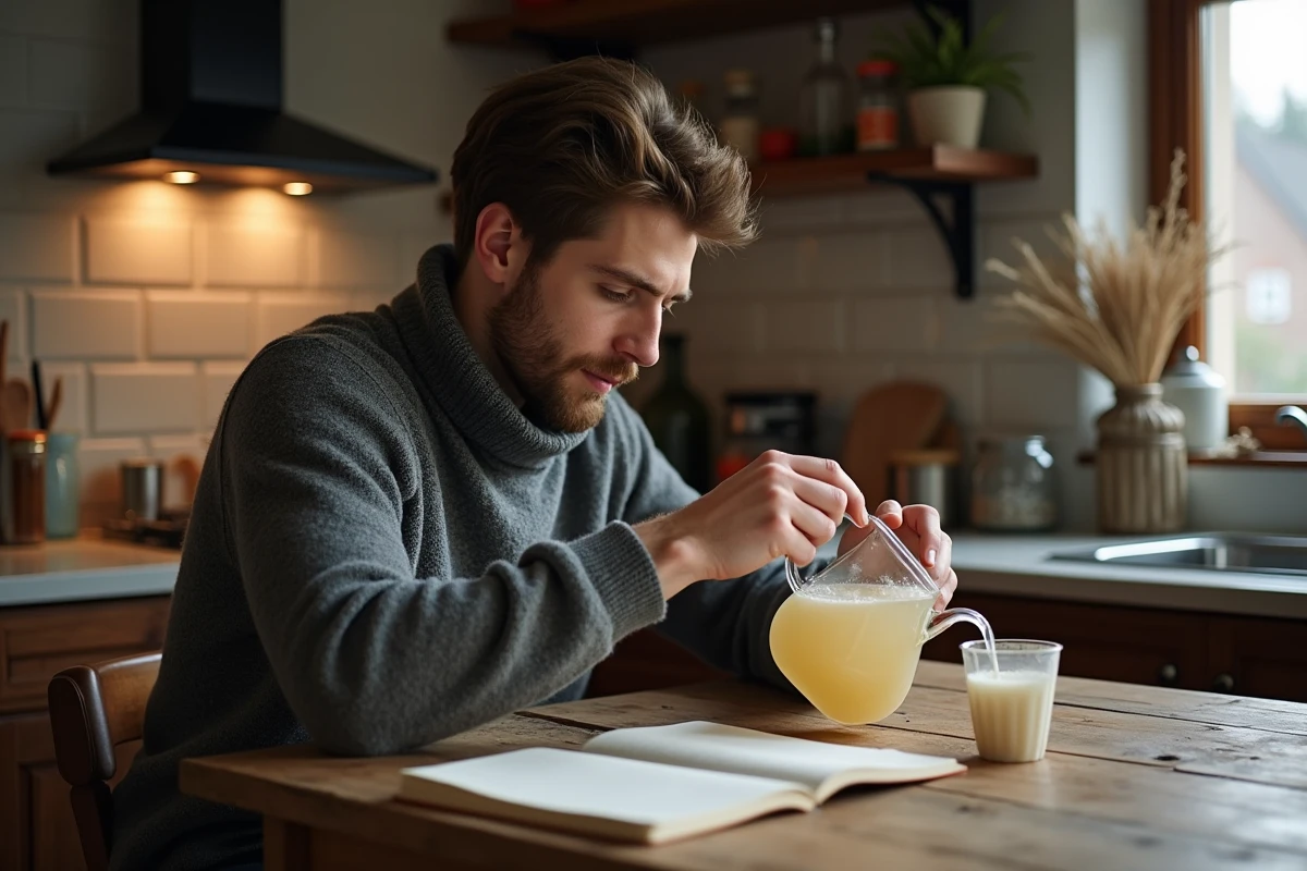 Jeune homme versant de la sève de bouleau dans une tasse à la maison