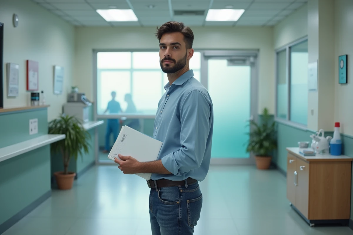Jeune homme patient attendant devant un laboratoire hospitalier