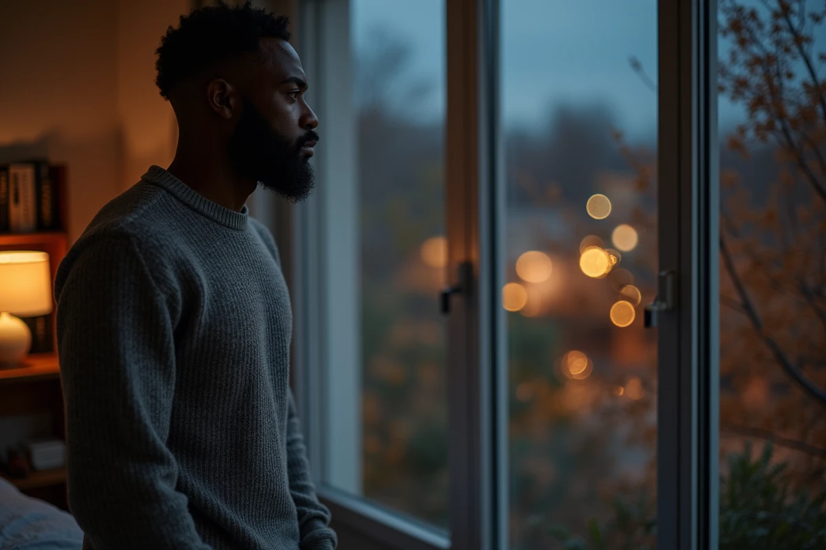 Jeune homme noir regarde par la fenetre la nuit