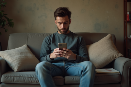 Jeune homme assis sur un canap&eacute; en train de regarder son smartphone