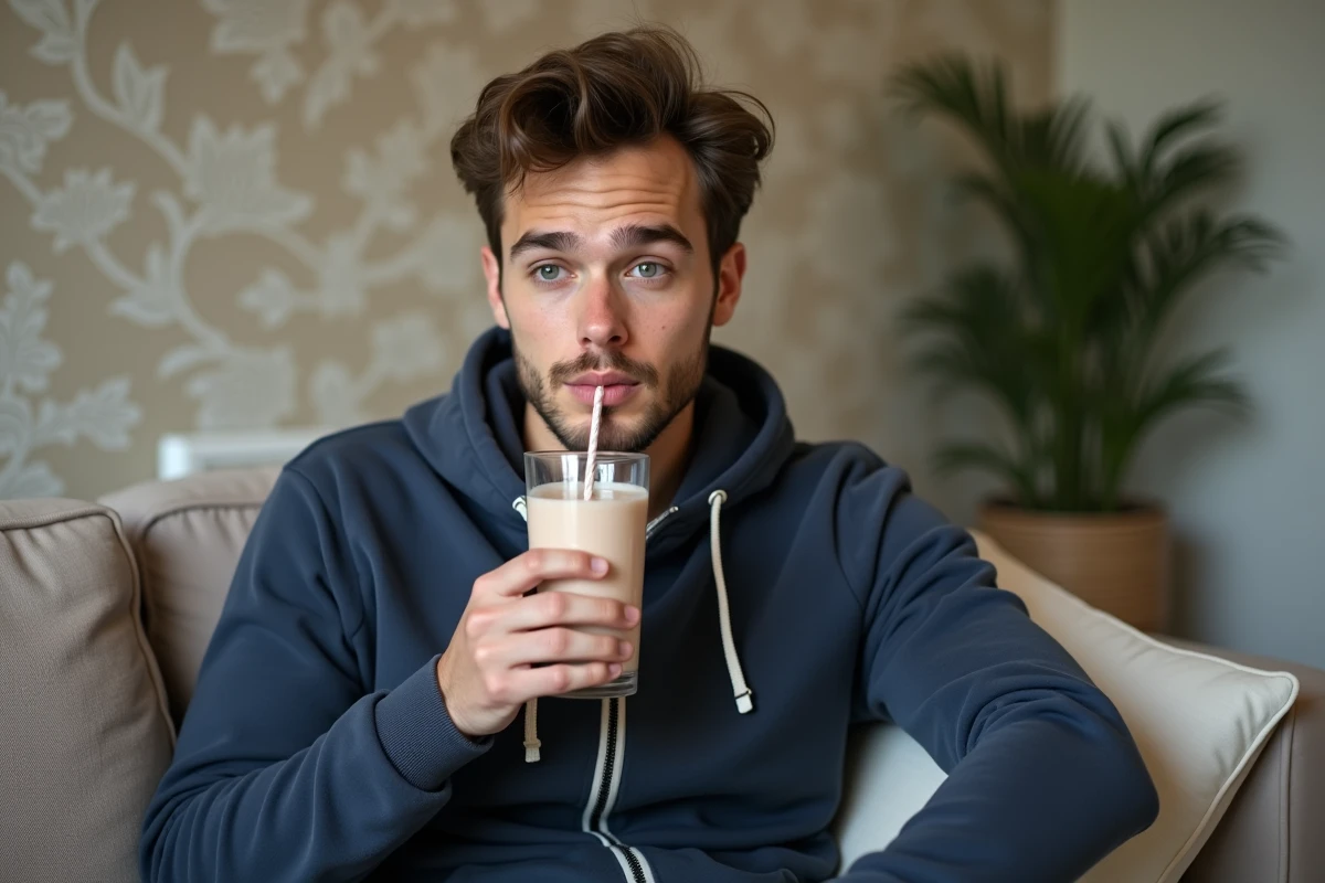 Jeune homme buvant un smoothie dans un salon confortable