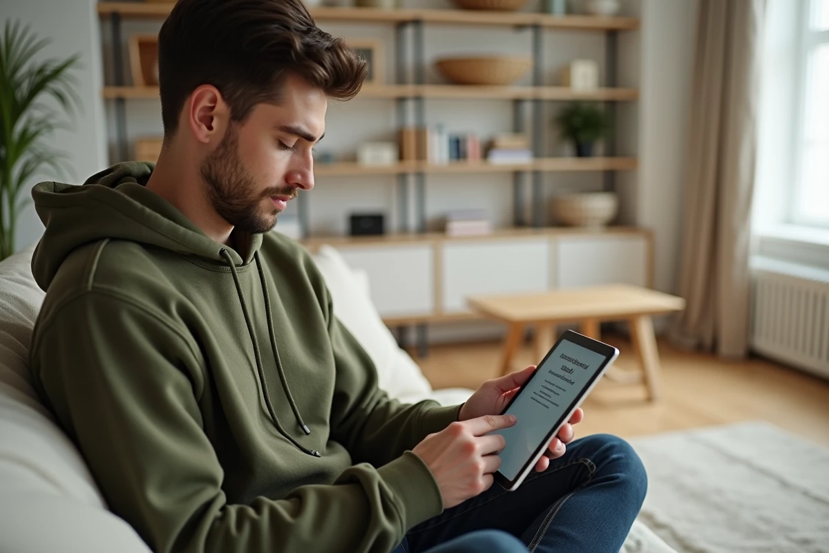 Jeune homme consultant une solution de dépannage pour un problème de connexion Mailiz sur une tablette dans son salon