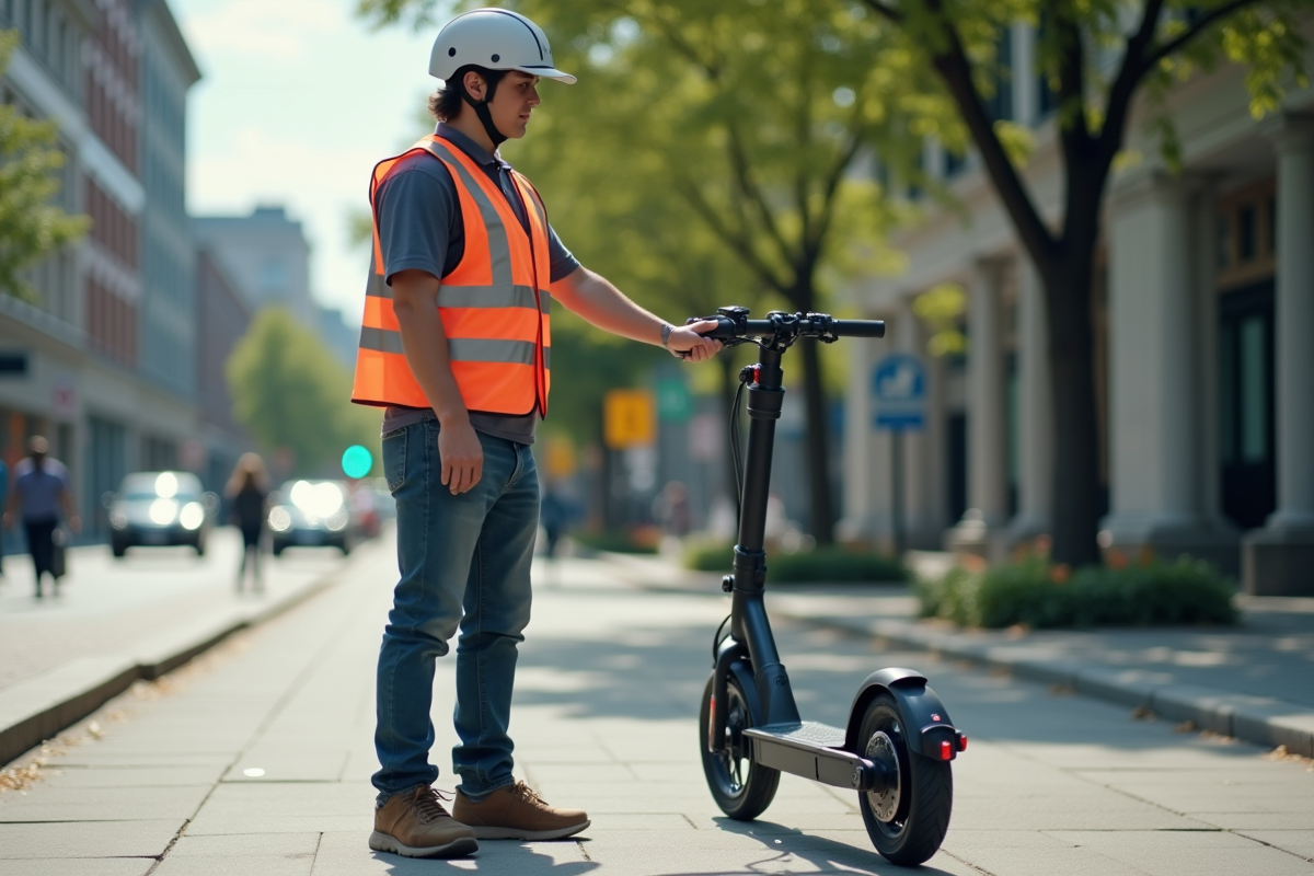 Jeune homme avec casque et gilet réfléchissant à côté d'un scooter endommagé