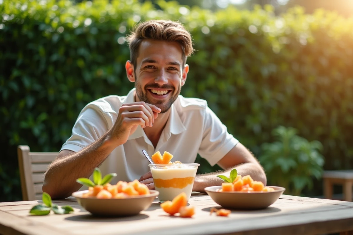 Jeune homme d&eacute;gustant un parfait &agrave; la papaye en ext&eacute;rieur