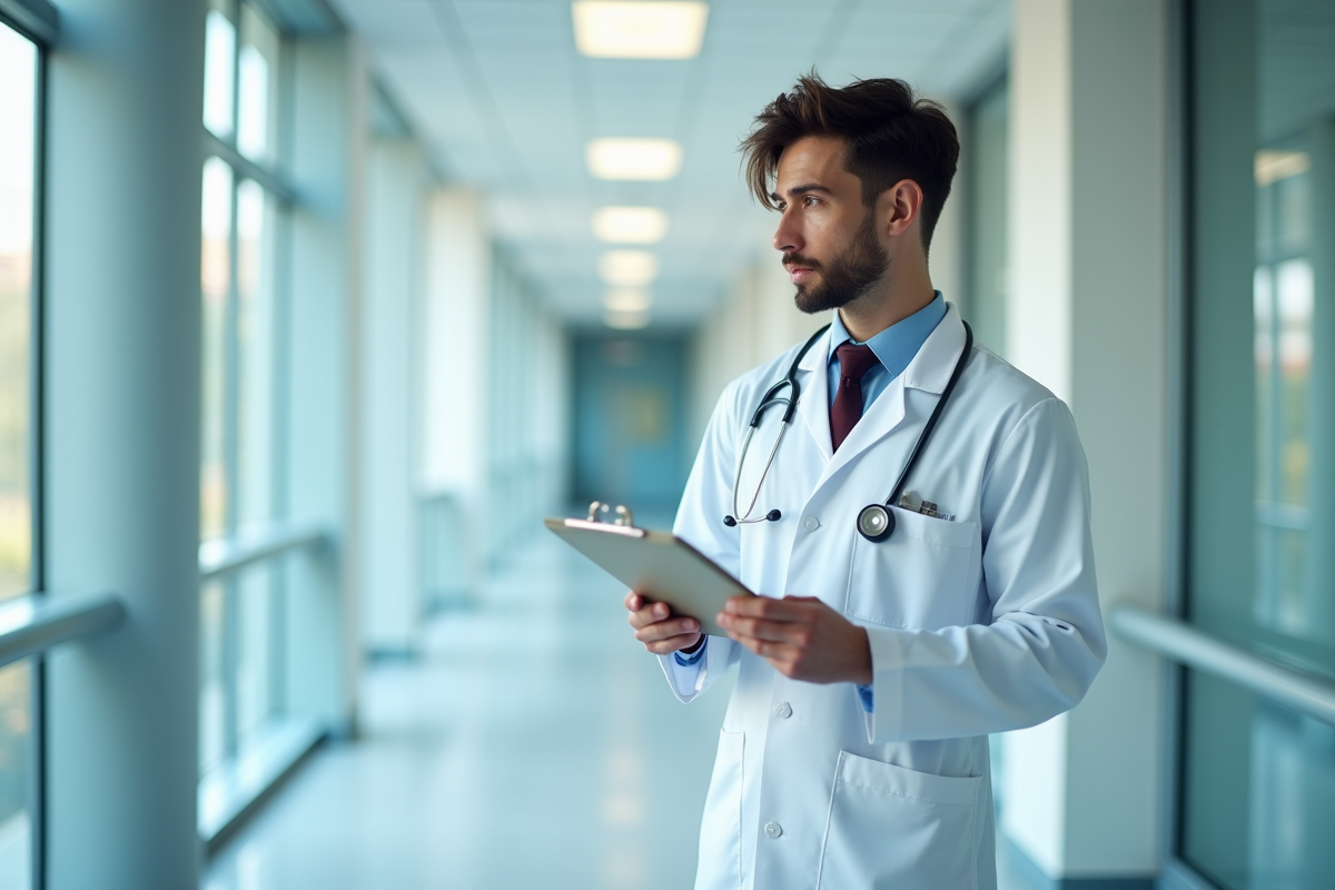 Jeune medecin dans un couloir d'hôpital lumineux