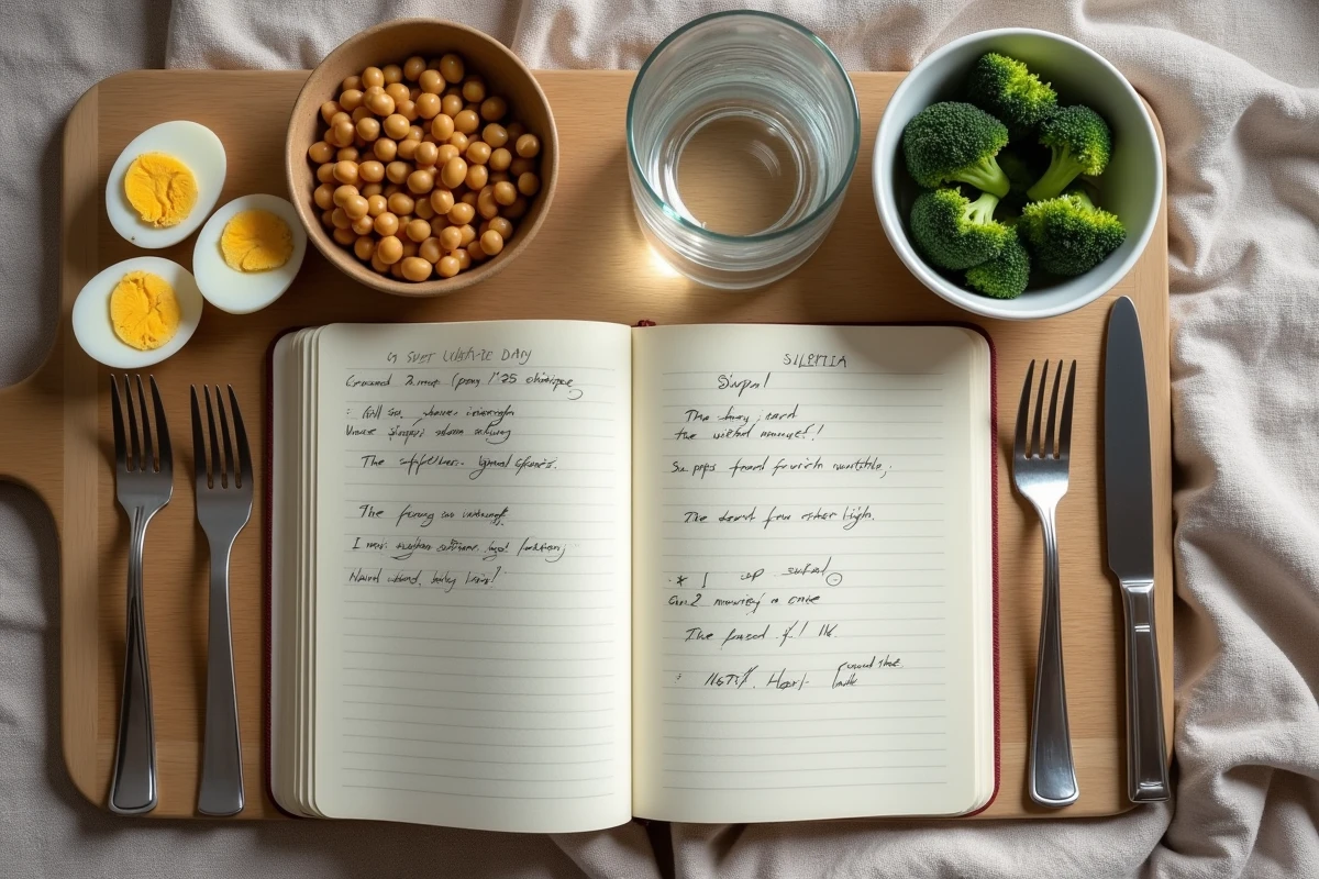 Journal alimentaire avec des aliments riches en soufre comme les œufs durs et les légumineuses liés aux flatulences nauséabondes nocturnes
