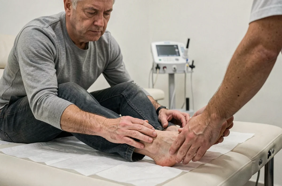 Kinésithérapeute examinant le dessus du pied d'un patient pour soulager une douleur ou sensation de chaleur