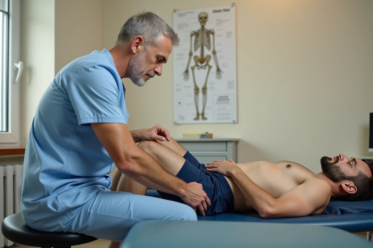 Kinésithérapeute examinant la zone inguinale d'un patient sportif allongé sur une table de consultation, dans un cabinet médical professionnel