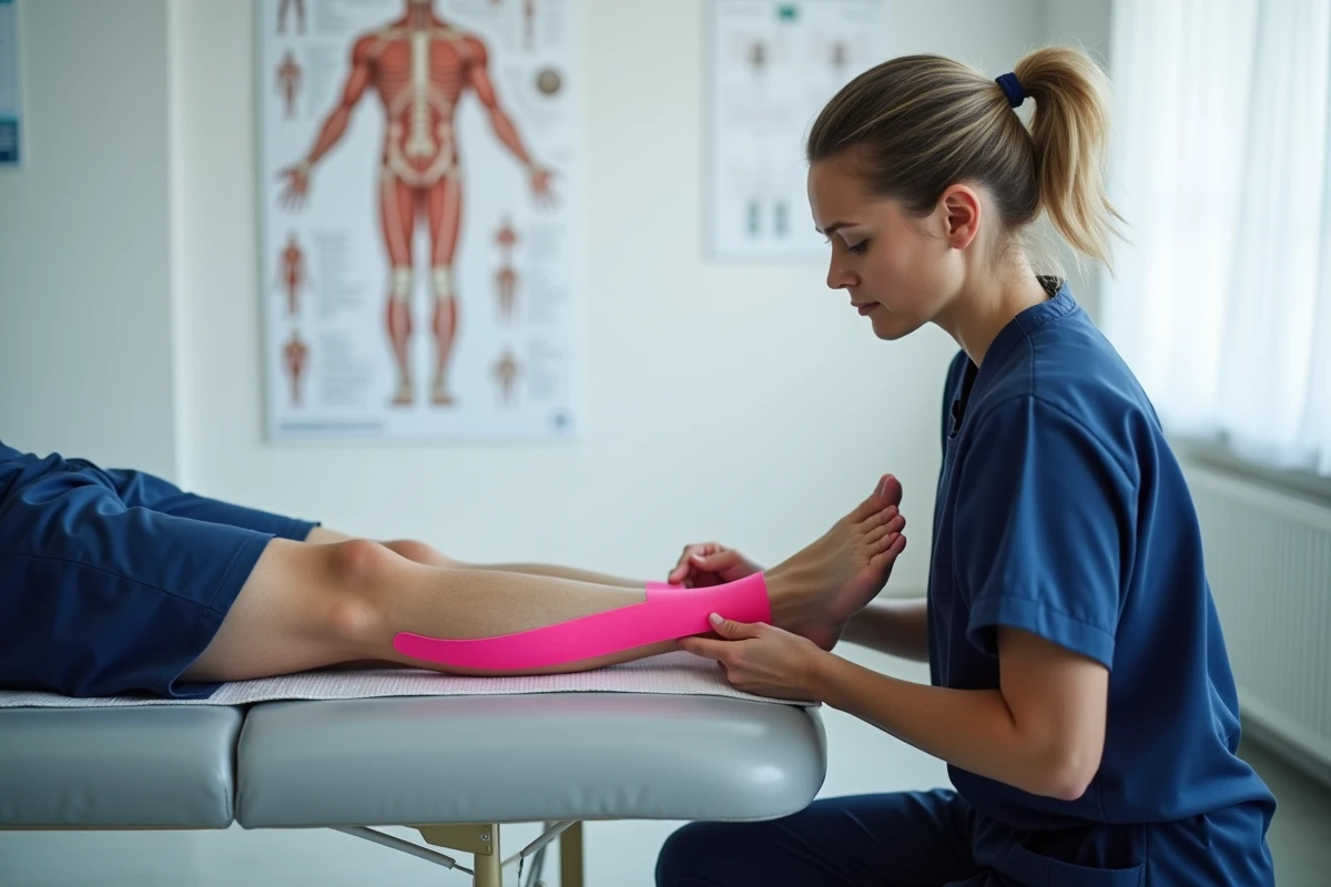 Kinésithérapeute appliquant du taping rose sur le mollet d'un patient allongé dans un cabinet de rééducation