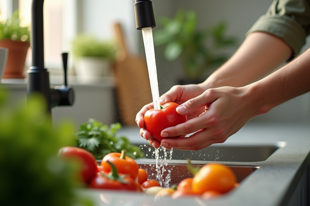 Mains lavant des légumes frais sous l