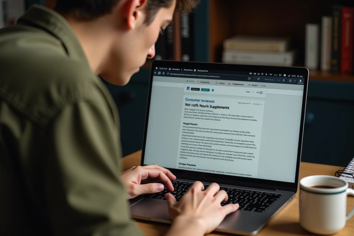 Personne lisant des avis consommateurs sur le complément Nourix sur un ordinateur portable dans un bureau à domicile