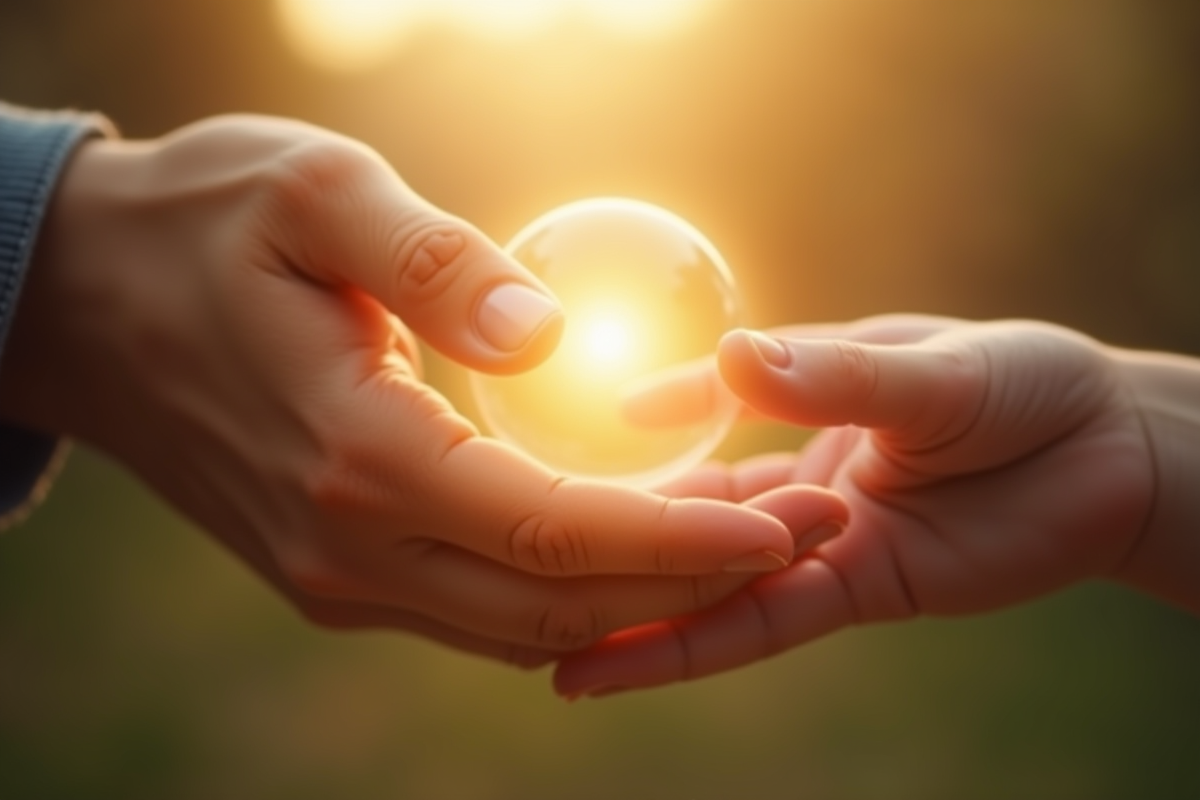 Deux mains d'adulte et d'enfant passant une boule lumineuse