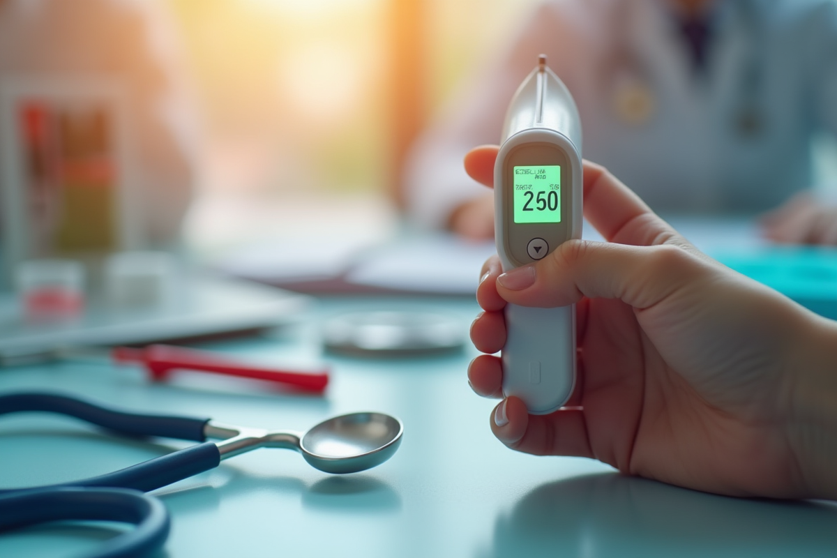 Main tenant un thermomètre numérique avec outils médicaux en arrière-plan