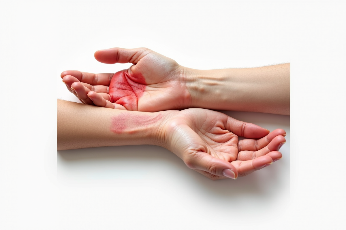Mains avec eczéma et peau squameuse en contexte clinique