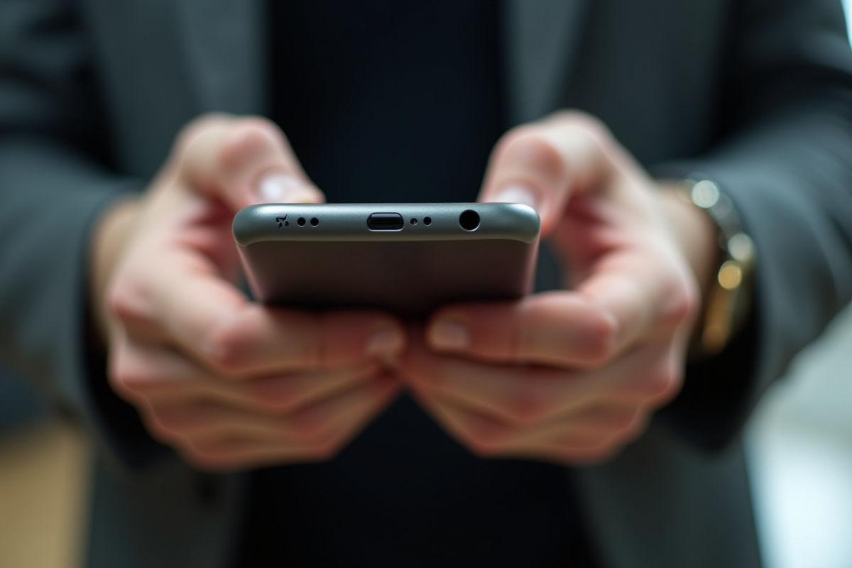 Mains serrant fortement un smartphone avec signes de stress