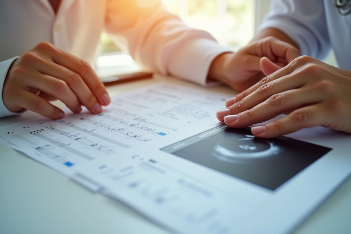 Mains tenant des résultats médicaux et une échographie