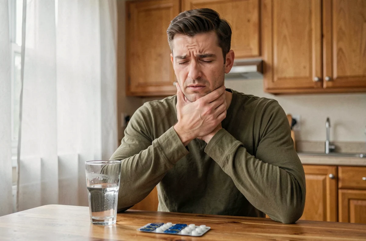 Homme souffrant d'un mal de gorge et d'un ganglion douloureux sous la mâchoire avec médicaments sur table