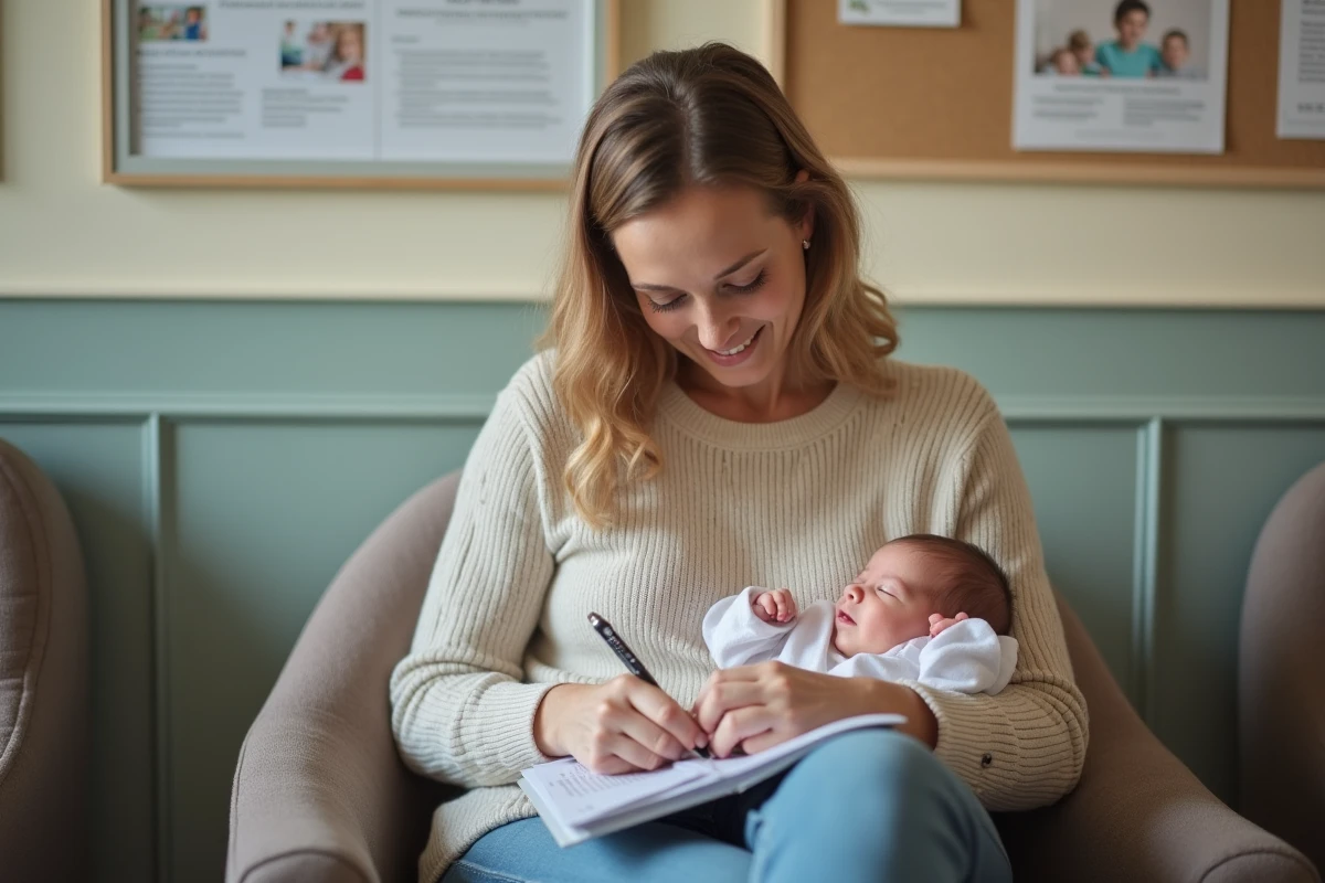 Maman souriante tenant son bébé dans un espace d